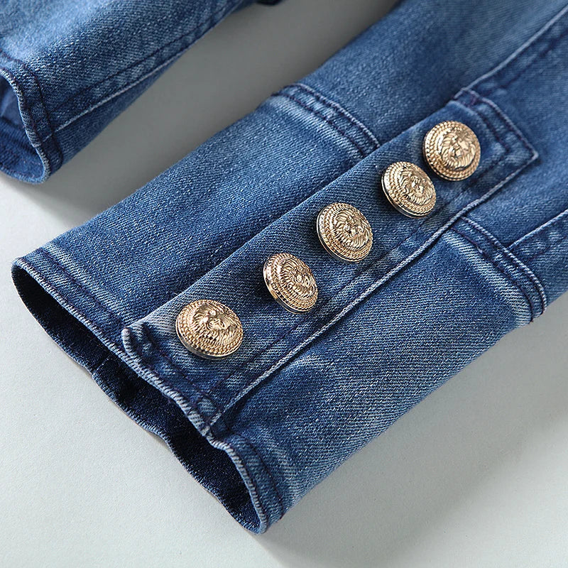 Double Breasted Denim Blazer Jacket Outer Coat