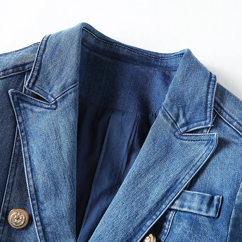 Double Breasted Denim Blazer Jacket Outer Coat