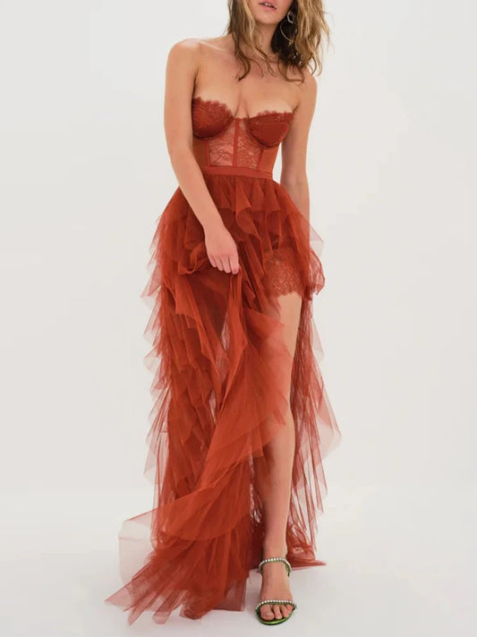 Two Piece Set Women Strapless Sleeveless Ruffle Skirt Set Female