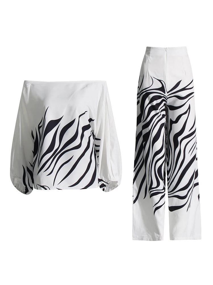 Bold Print Two Piece Sets For Women off the shoulder Lantern Sleeve Tops High Waist Pant Loose Set Female Fashion