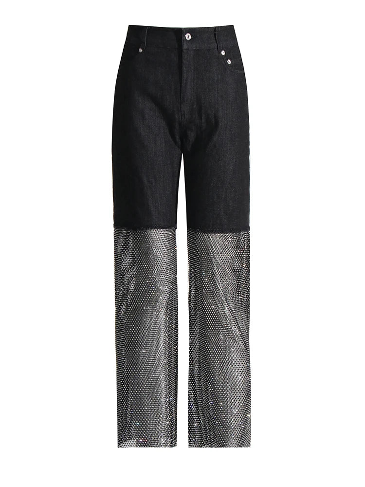 Midnight Mischief" Denim & Crystal Mesh Pants