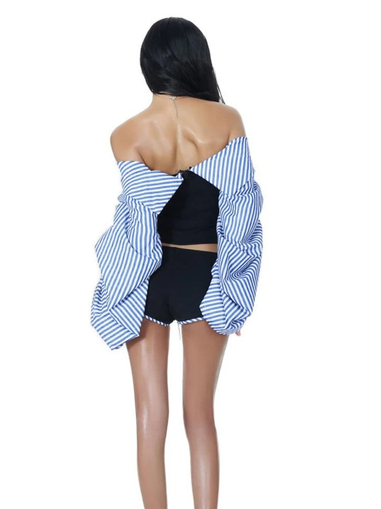 Two Piece Off the Shoulder Striped and Short Set