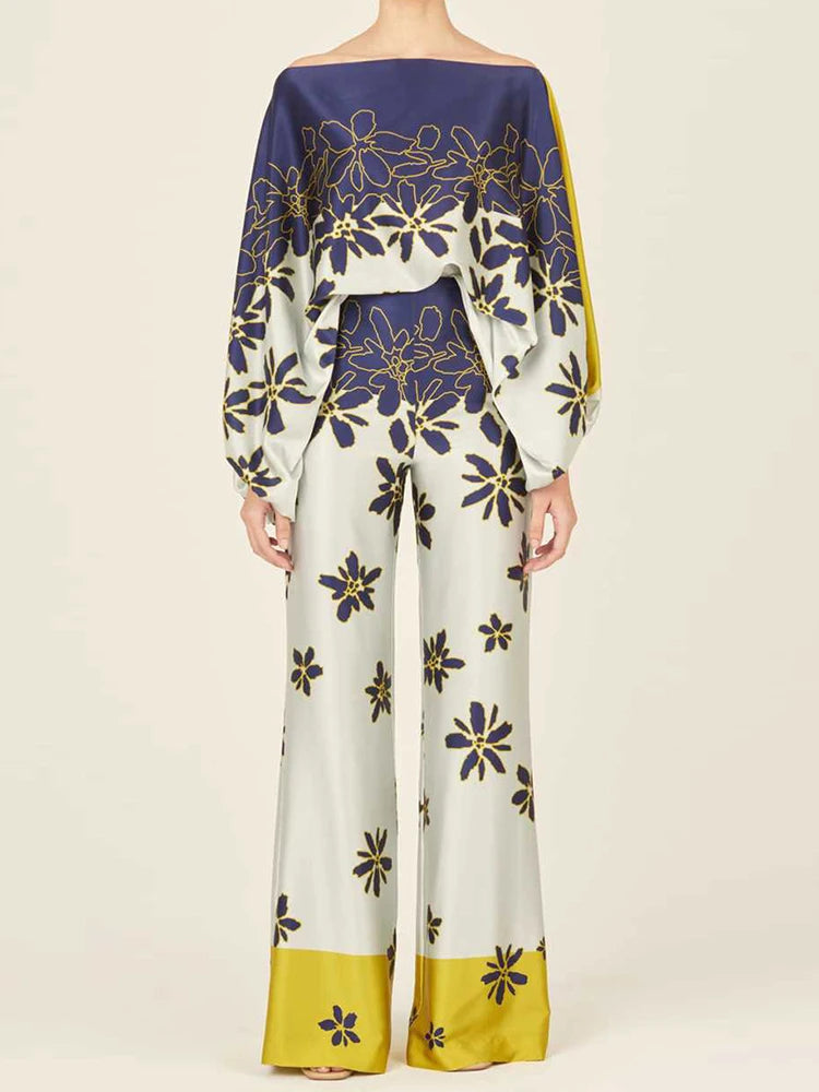 Bold Print Two Piece Sets For Women off the shoulder Lantern Sleeve Tops High Waist Pant Loose Set Female Fashion