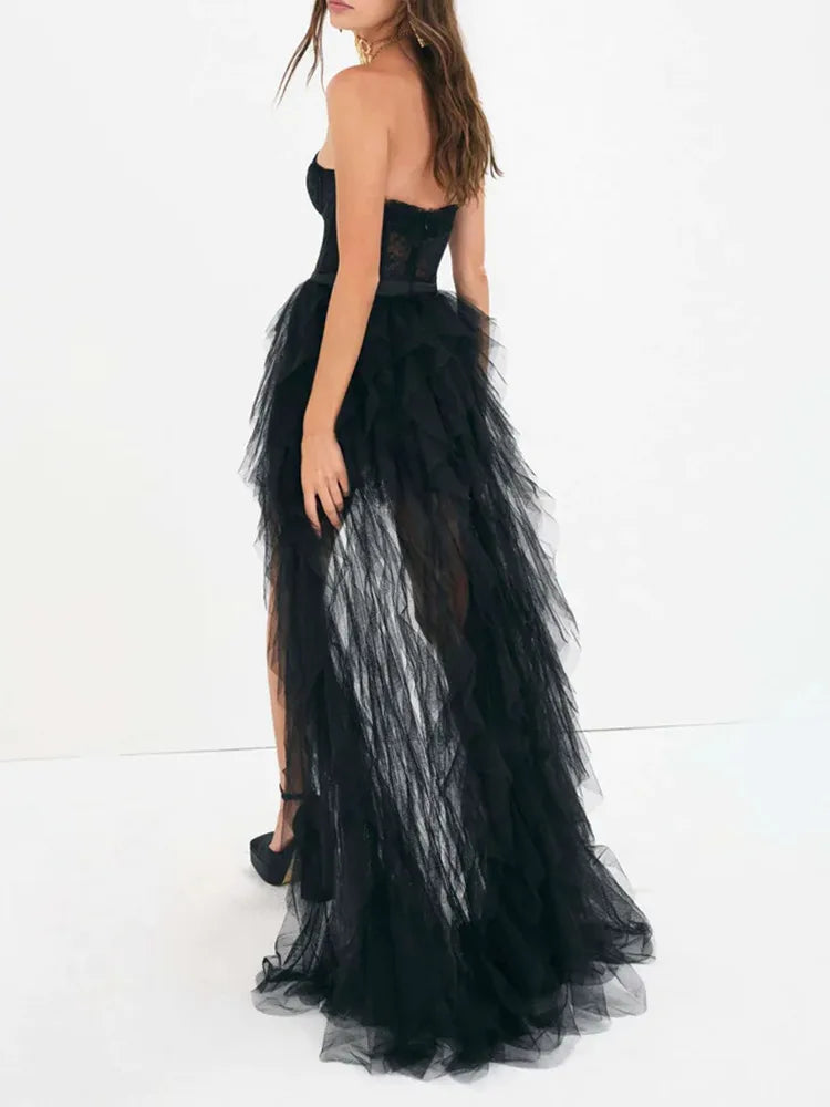 Two Piece Set Women Strapless Sleeveless Ruffle Skirt Set Female