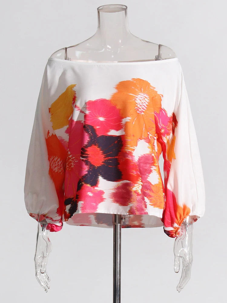 Bold Print Two Piece Sets For Women off the shoulder Lantern Sleeve Tops High Waist Pant Loose Set Female Fashion