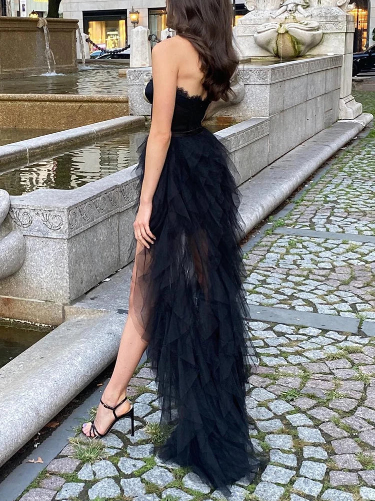 Two Piece Set Women Strapless Sleeveless Ruffle Skirt Set Female