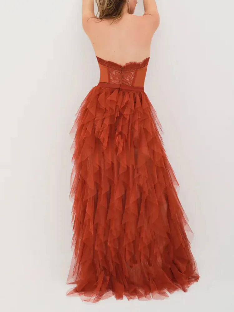 Two Piece Set Women Strapless Sleeveless Ruffle Skirt Set Female