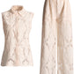 Solid Hollow Out Two Piece Set For Women Stand Collar Sleeveless Tops High Waist Wide Leg Pant Elegant Sets Female