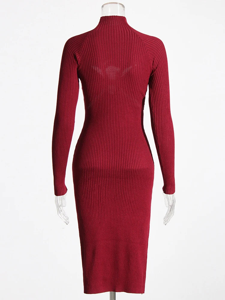 Zoe Solid  High Collar Midi Dress