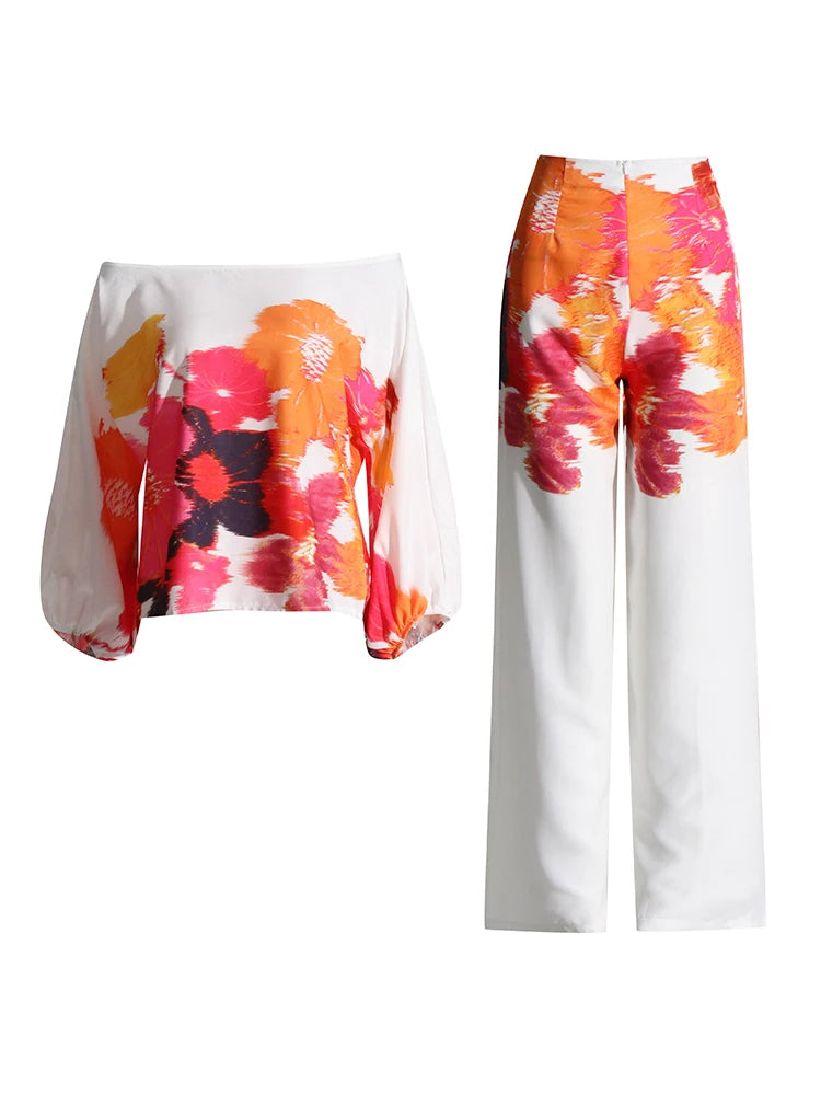 Bold Print Two Piece Sets For Women off the shoulder Lantern Sleeve Tops High Waist Pant Loose Set Female Fashion