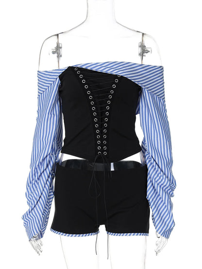 Two Piece Off the Shoulder Striped and Short Set