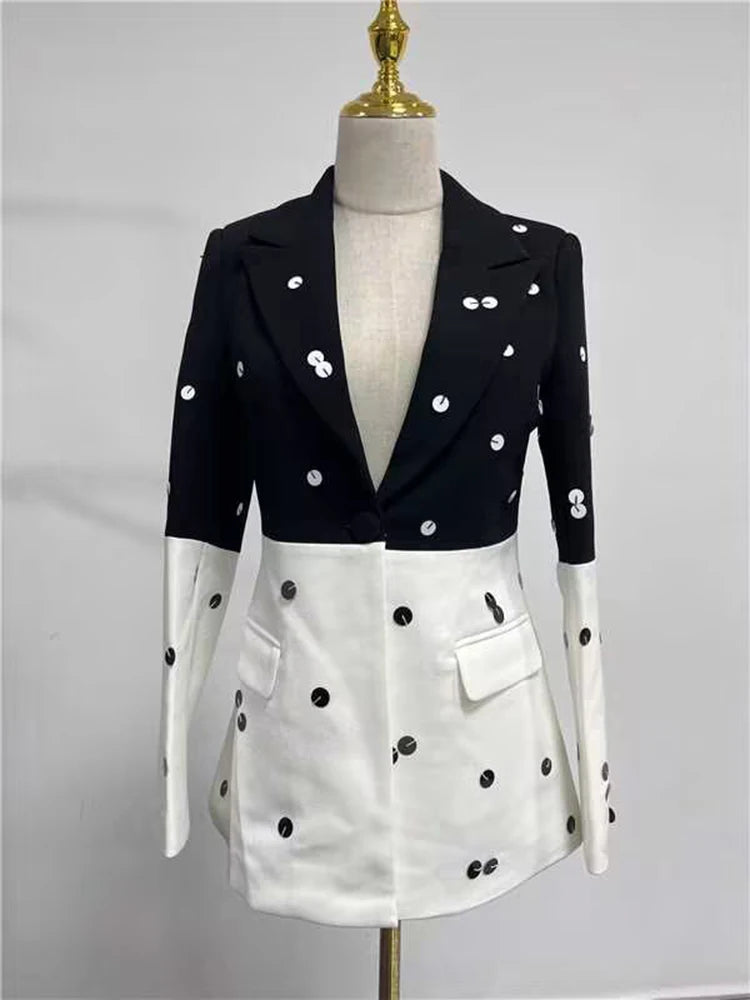 Color Block and Dots Two Piece Blazer and Skirt Set