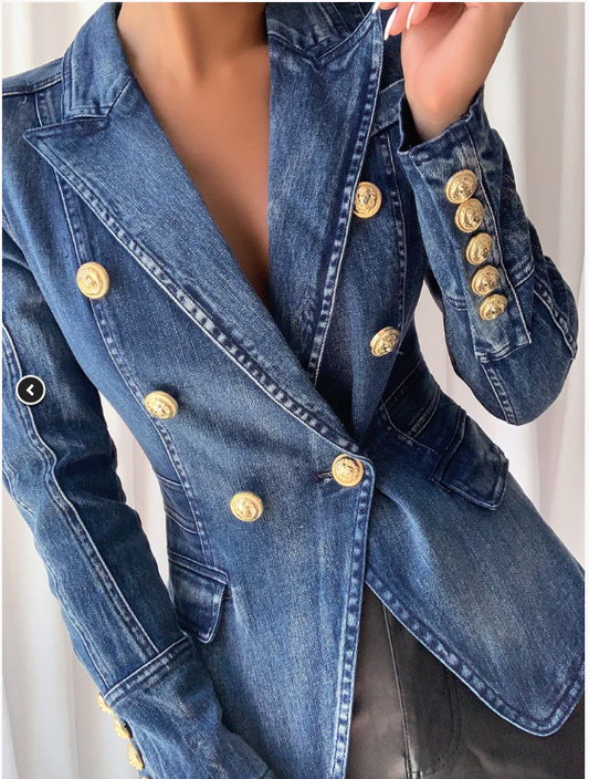 Double Breasted Denim Blazer Jacket Outer Coat