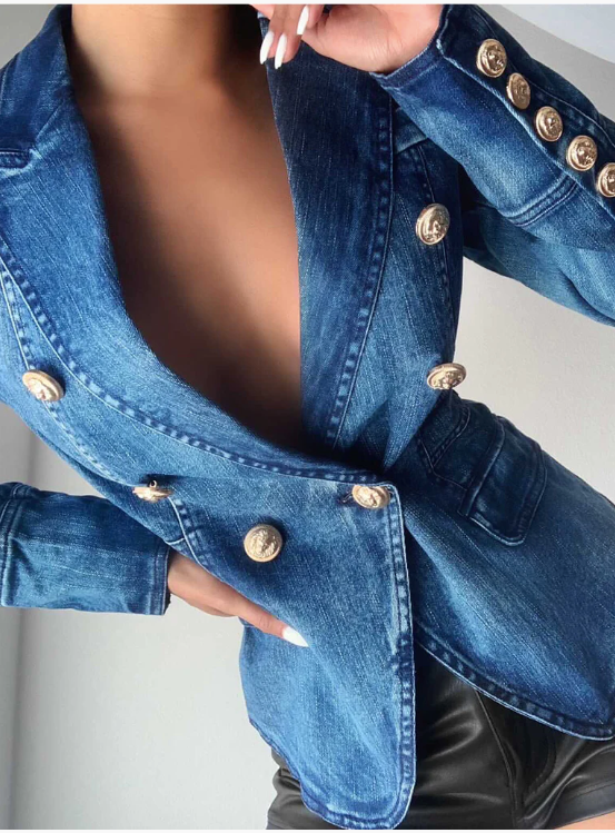 Double Breasted Denim Blazer Jacket Outer Coat