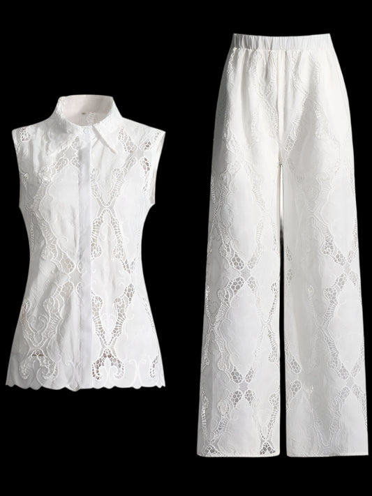 Solid Hollow Out Two Piece Set For Women Stand Collar Sleeveless Tops High Waist Wide Leg Pant Elegant Sets Female