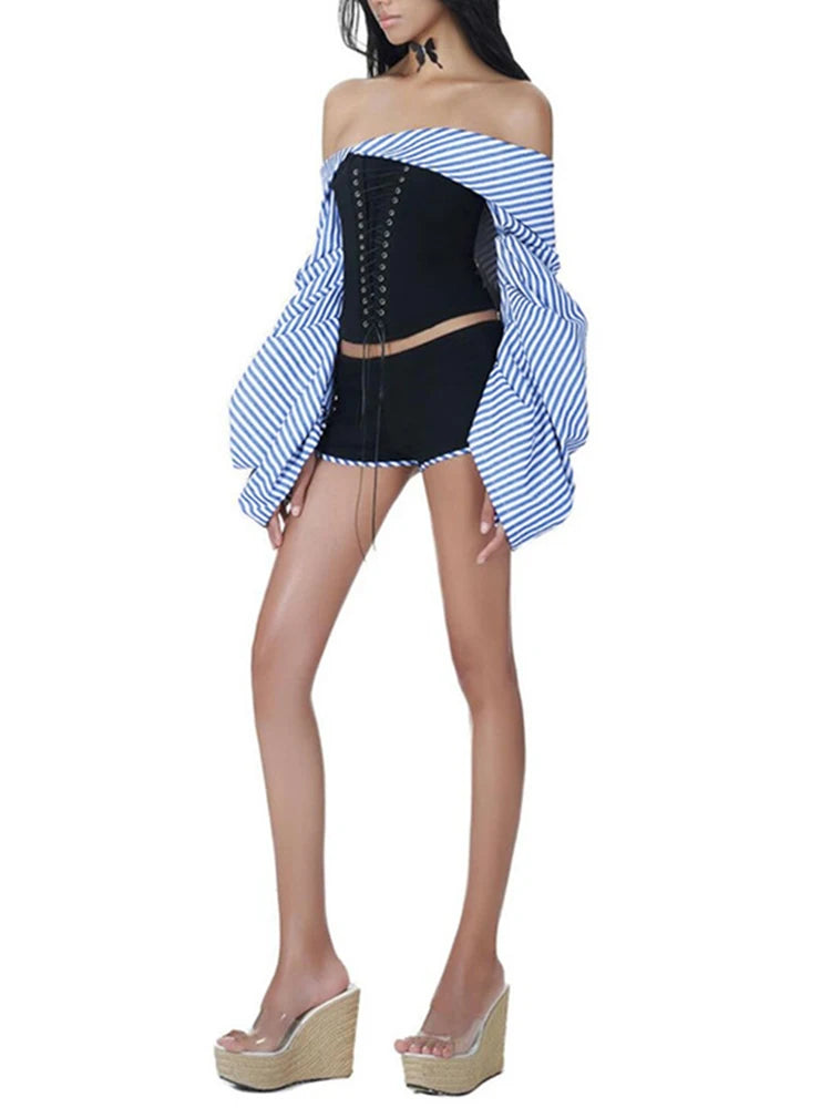 Two Piece Off the Shoulder Striped and Short Set