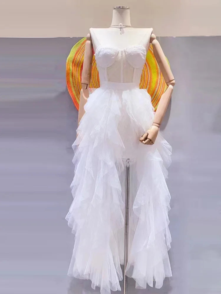 Two Piece Set Women Strapless Sleeveless Ruffle Skirt Set Female