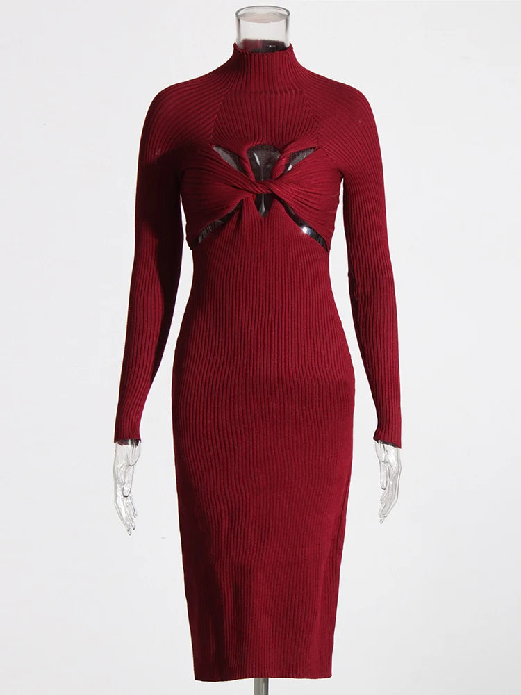 Zoe Solid  High Collar Midi Dress