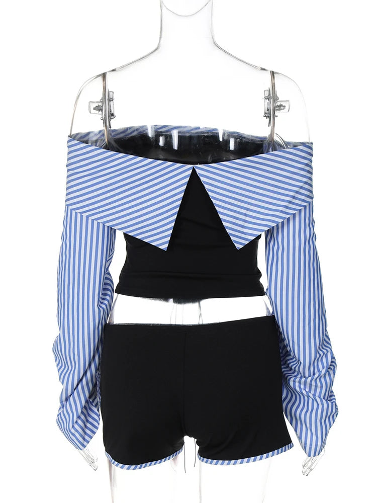 Two Piece Off the Shoulder Striped and Short Set